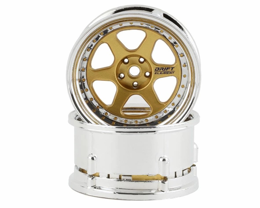 Cars, Trucks, Boats * | Ds Racing Drift Element 6 Spoke Drift Wheels (Gold & Chrome W/Gold Rivets) (2) (Adjustable Offset) W/12Mm Hex